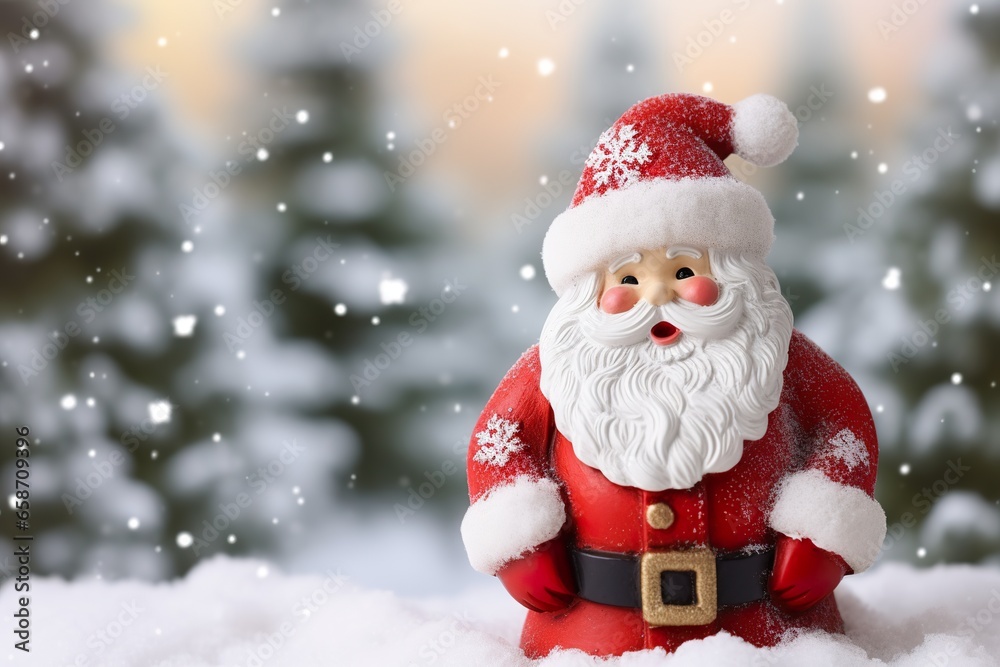 Christmas decoration with cute cheerful santa in the snow in the winter forest bokeh background Christmas decoration with cute cheerful santa in the snow in the winter forest bokeh background