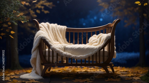 Wooden Crib white cream fur blanket  for newborn digital backdrop 