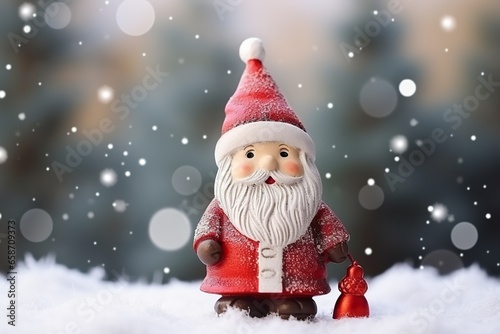 Christmas decoration with cute cheerful santa in the snow in the winter forest bokeh background © JetHuynh