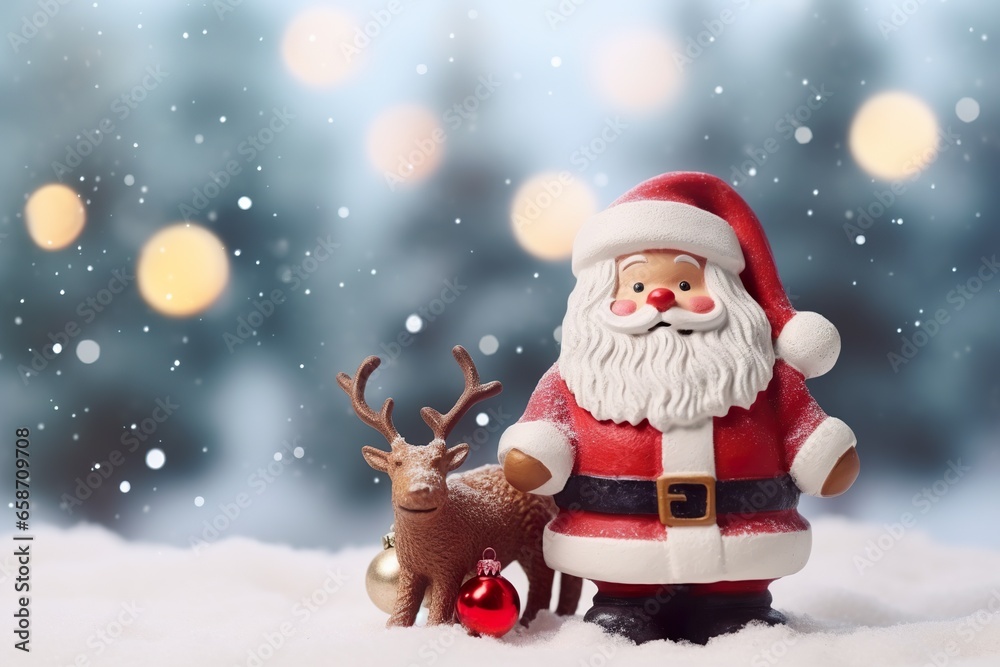 Christmas decoration with cute cheerful santa and reindeer in the snow in the winter forest bokeh background