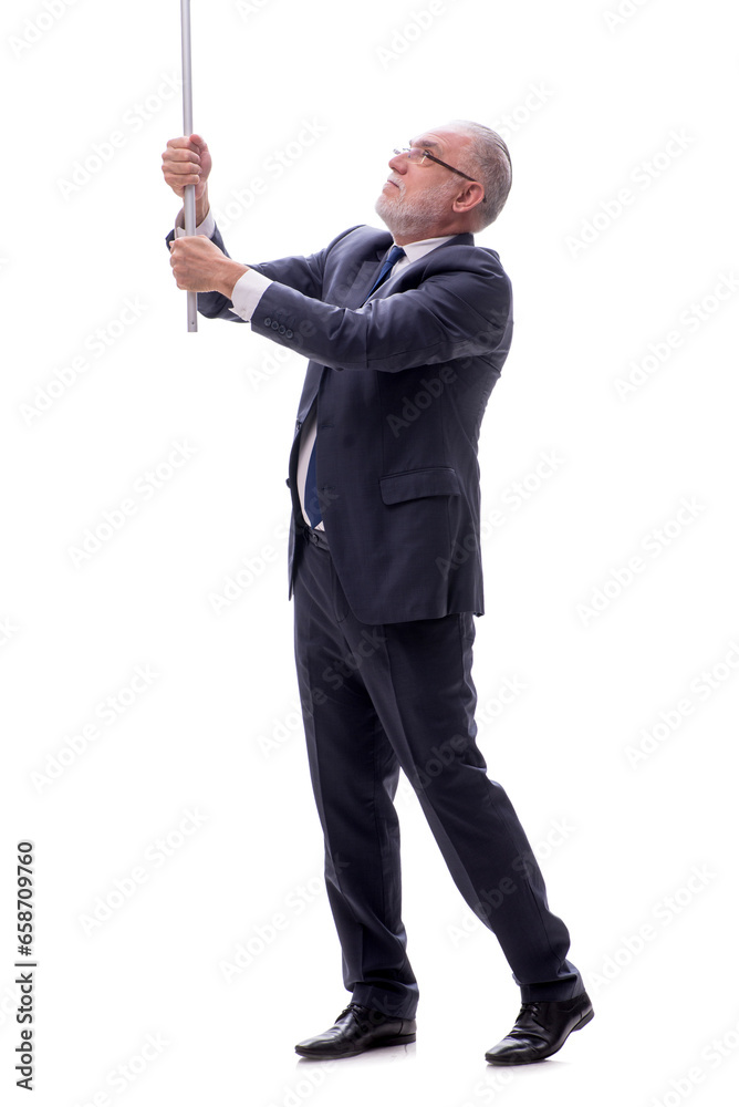 Old businessman holding metal stick isolated on white Old businessman holding metal stick isolated on white