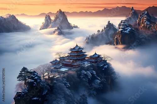 The ethereal beauty of Wudang Mountains, is immersed in a captivating sea of clouds. The mystical atmosphere transforms the landscape into an enchanting wonderland photo