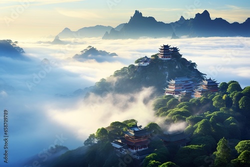 The ethereal beauty of Wudang Mountains, is immersed in a captivating sea of clouds. The mystical atmosphere transforms the landscape into an enchanting wonderland photo