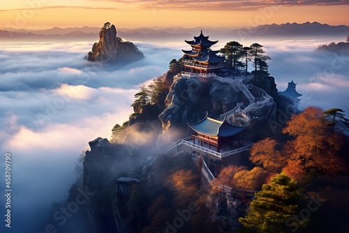 The ethereal beauty of Wudang Mountains, is immersed in a captivating sea of clouds. The mystical atmosphere transforms the landscape into an enchanting wonderland photo