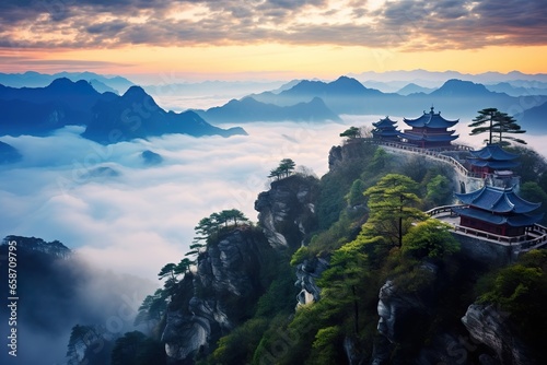 The ethereal beauty of Wudang Mountains, is immersed in a captivating sea of clouds. The mystical atmosphere transforms the landscape into an enchanting wonderland photo