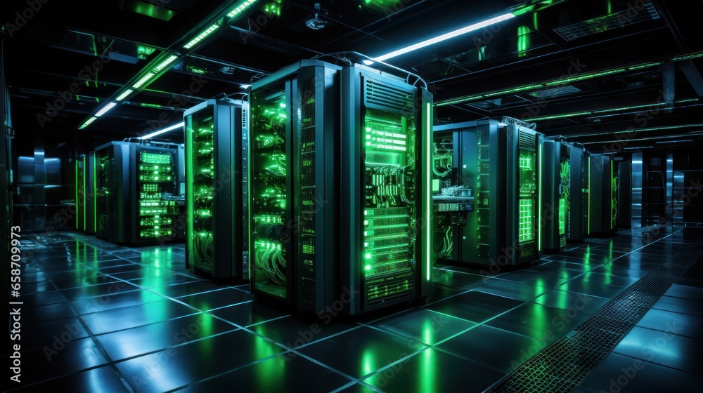 A server room with green lights indicating energy-efficient operations. - obrazy, fototapety, plakaty 