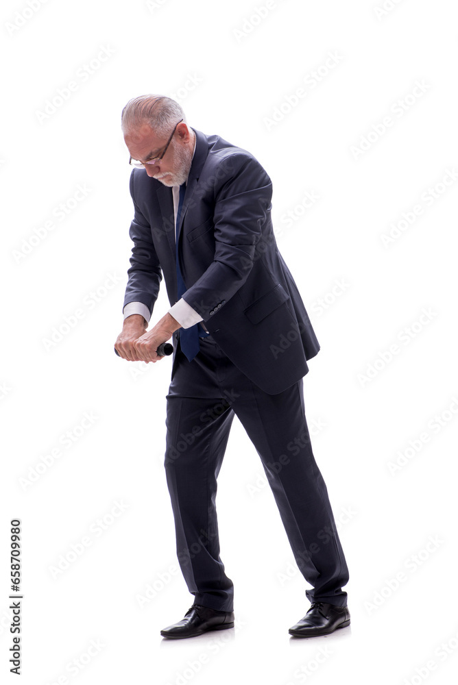 Old businessman holding penlight isolated on white Old businessman holding penlight isolated on white