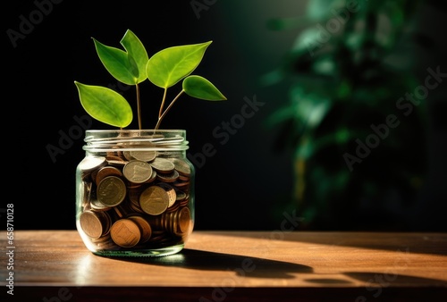A glass jar filled with coins and a plant, symbolizing growth and financial savings