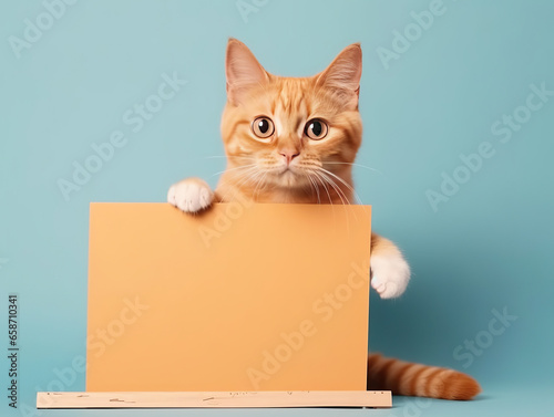 Artistic Tabby Cat and the Yellow Canvas,cat with blank board © Moon