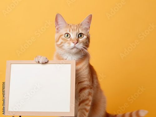 Artistic Tabby Cat and the Yellow Canvas,cat with blank board