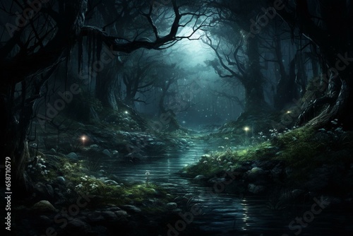 A dark forest illuminated by moonlight, creating a mysterious atmosphere. Generative AI