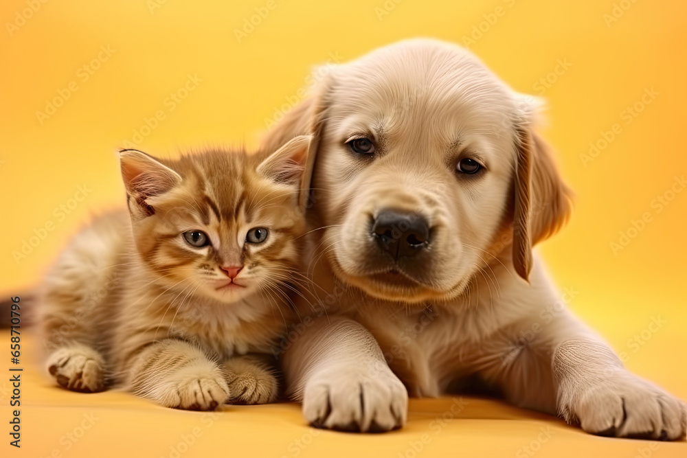 Golden retriever puppy and kitten lie next to each other on a yellow background Golden retriever puppy and kitten lie next to each other on a yellow background