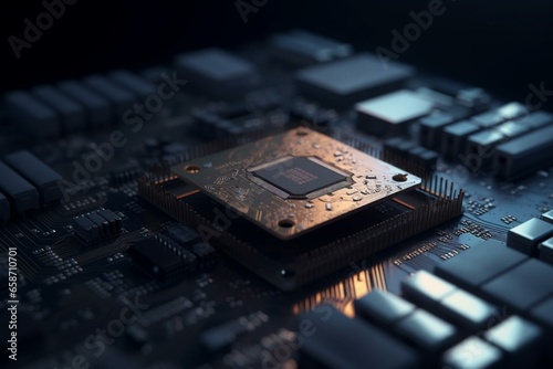 Bitcoin on microprocessor with motherboard, copy space, selective focus. 3D render banner illustration. Generative AI photo