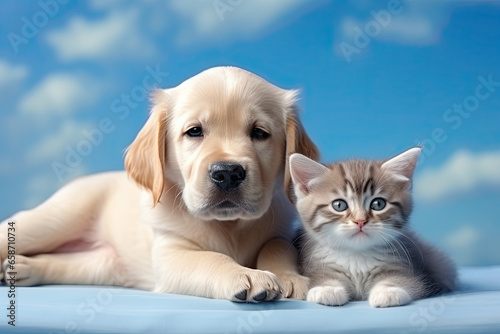 Golden retriever puppy and kitten lie next to each other on a blue background