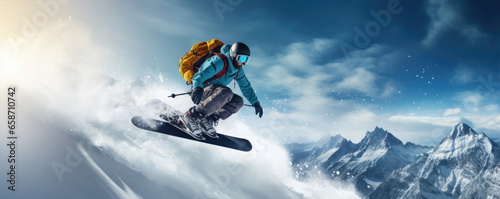 Snowboarder on winter slope in speed. Snowboarder jumping through snowy air.