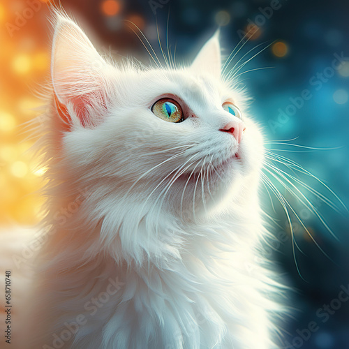 Inquisitive White Cat with Orange Eyes,close up of a cat,portrait of a cat,white persian cat © Moon
