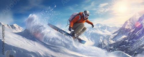 Snowboarder on winter slope in speed. Snowboarder jumping through snowy air. photo