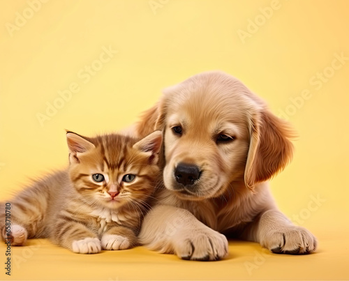 Golden retriever puppy and kitten lie next to each other on a yellow background,