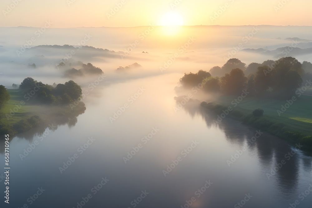 View of Foggy River dividing a forest with sunrise background. Serene natural image. View of Foggy River dividing a forest with sunrise background. Serene natural image.