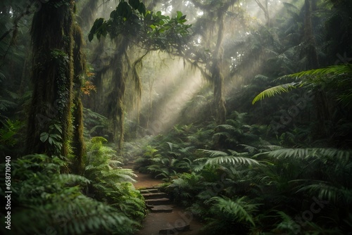 Mysterious Magical Dark rain forest with sun light shine through canopy