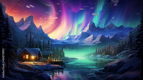 night landscape with mountains and lake