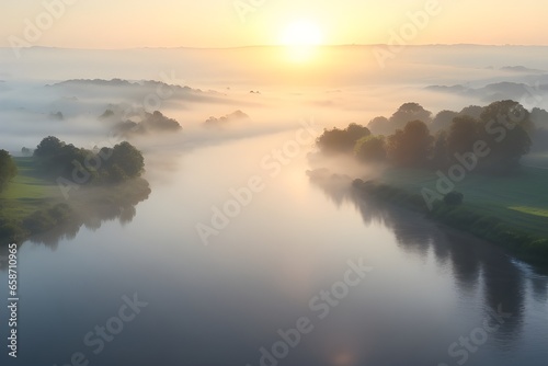 View of Foggy River dividing a forest with sunrise background. Serene natural image.