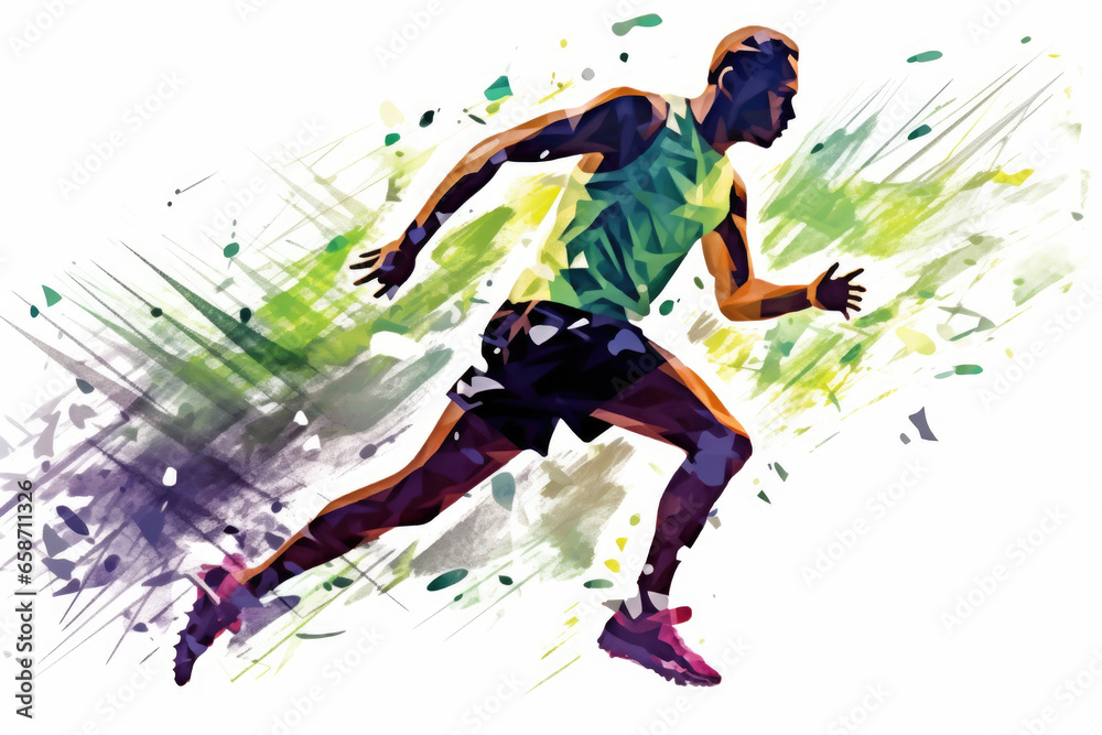 Illustration of a runner in motion. Green, blue, purple and yellow watercolor splashes. Illustration of a runner in motion. Green, blue, purple and yellow watercolor splashes.