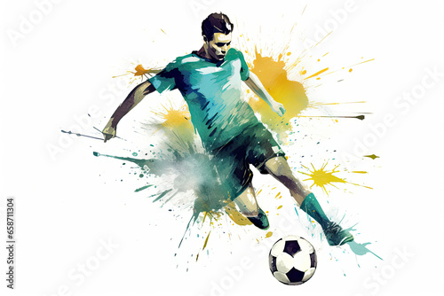 Illustration of a football player kicking a ball. Green, blue, purple and yellow watercolor splashes.