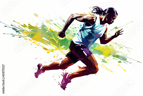 Illustration of a runner in motion. Green, blue, purple and yellow watercolor splashes. © Dinara