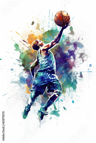 Illustration of a basketball player jumping with a ball towards a basketball hoop. Green, blue, purple and yellow watercolor splashes.