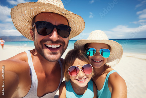 A family capturing a joyful moment on the beach with a fun selfie