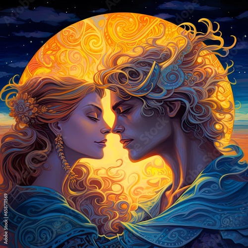 Man and woman face to face, golden divine couple embracing with golden circle in background. Moon and sun in tender kiss. Love and emotions. Esoteric, romance, spirituality. Embrace your twin-flame.