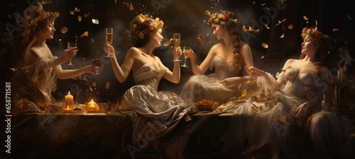 A gathering of women enjoying champagne and conversation at a beautifully set table