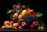 An arrangement of fruit on a table with a dark background and surface. Generative AI