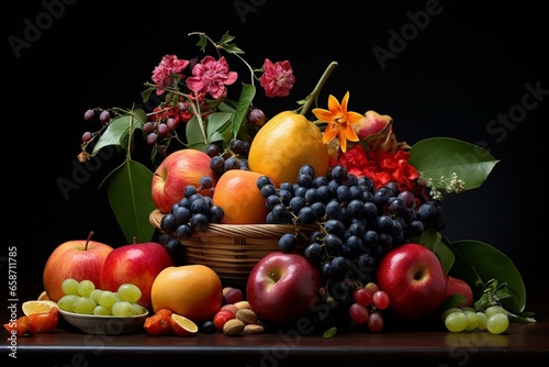 An arrangement of fruit on a table with a dark background and surface. Generative AI