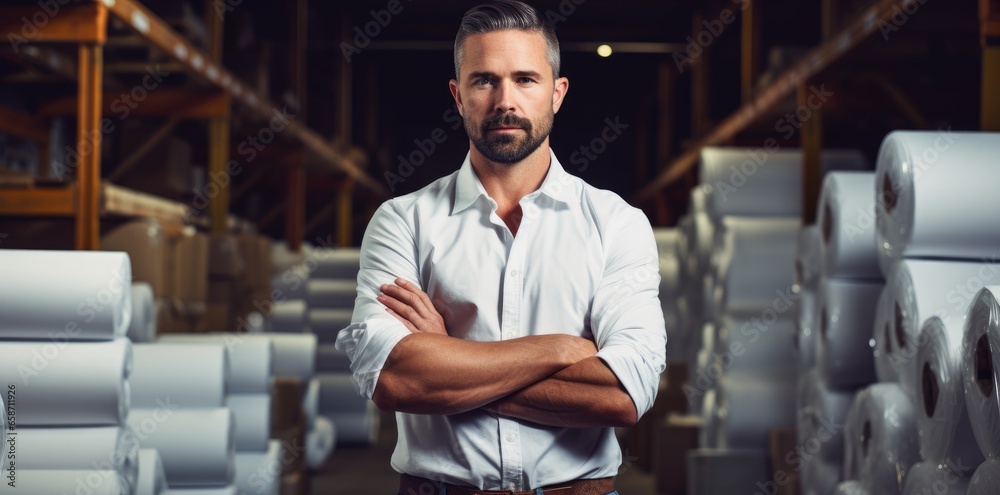 Fototapeta premium A man standing in front of stacks of toilet paper