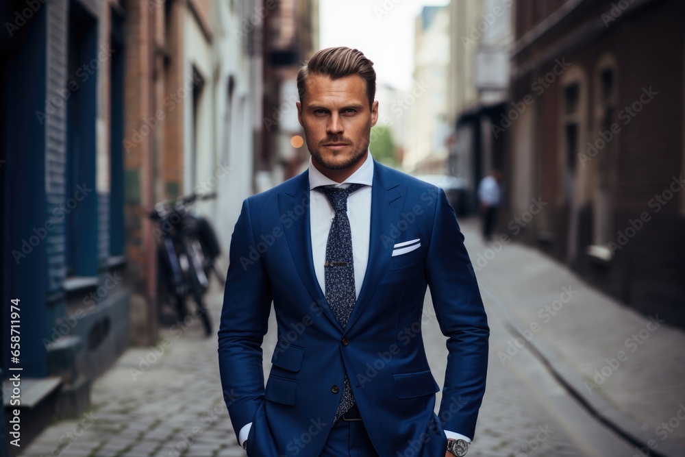 A stylish man in a blue suit posing on a picturesque cobblestone street