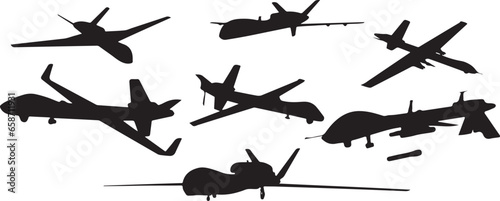 Black silhouette of military drone. Top, front and side view. Army aircraft for intelligence and attack. Industrial isolated drawing