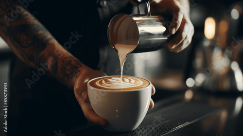 Latte Artistry, Barista Creates a Masterpiece with Milk 