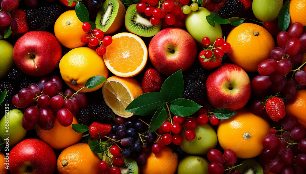 Mix fresh fruits, top down view, AI Generative Image