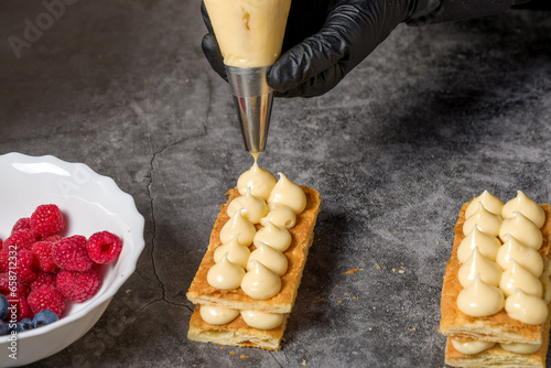 The process of making a millefeuille cake