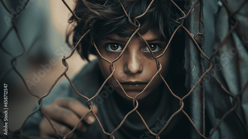 Confinement's Gaze, A Child's Troubled Expression Beyond the Fence 
