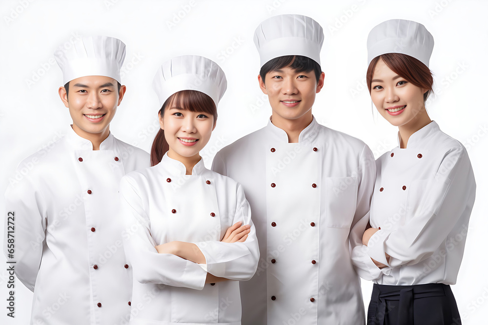 Cooking, culinary and profession concept - international team of smiling chefs with crossed arms. Generative AI.