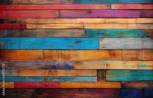 A vibrant and eclectic wooden wall made of colorful boards photo