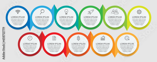 infographic template design, minimalist concept, interconnected circles with 11 steps, lines and colors in each step, good for your business presentation