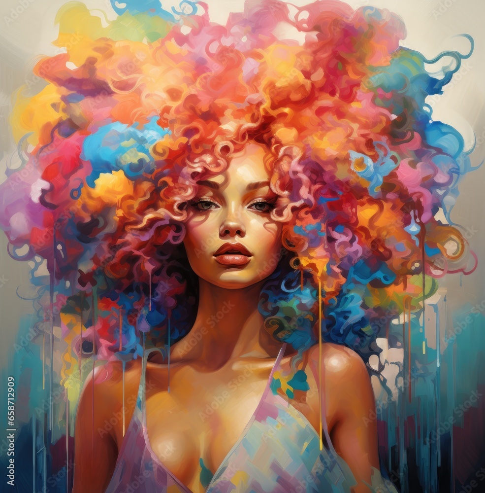 A vibrant portrait of a woman with colorful hair