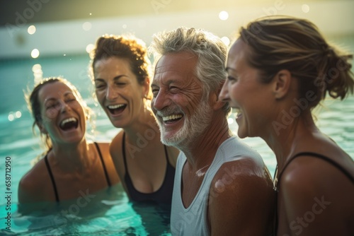 People enjoying a fun time in a swimming pool  filled with laughter and joy