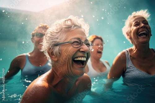 A group of women having fun and laughing in a swimming pool © pham