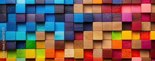 Colored wooden cubes wall. Abstract geometric rainbow blocks. wide banner