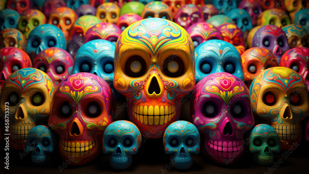 Colorful sugar skulls on display in a Mexican souvenir shop.